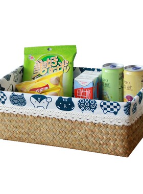 藤编猫咪布艺竹编客厅零食收纳筐