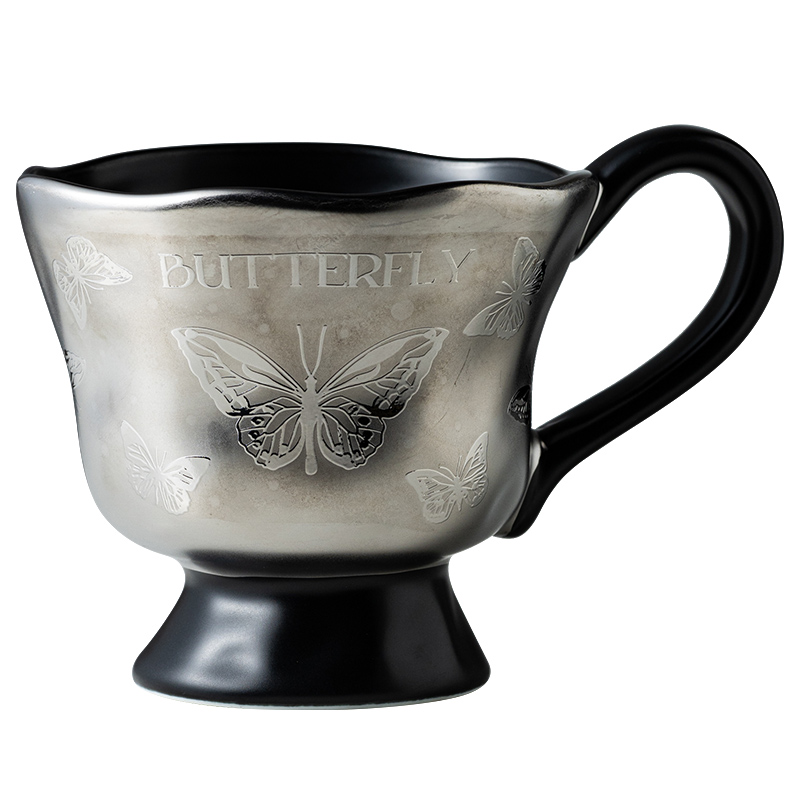 时尚小众蝴蝶高脚咖啡杯碟套装下午茶餐厅陶瓷杯茶杯优雅喝水杯子