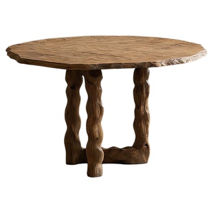 复古风实木餐桌椅组合原木色不规则边带纹理圆桌四椅套装家用饭桌