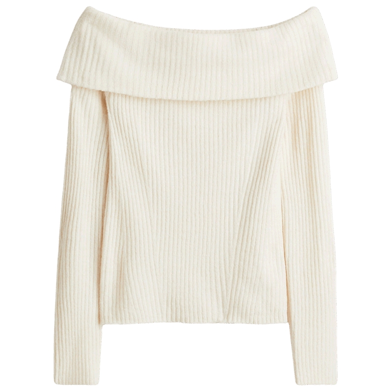 HM女装毛针织衫2025年秋季新款罗纹一字肩保暖休闲上衣1293121