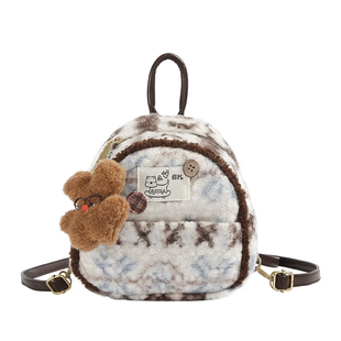 费尔岛风可爱毛绒迷你双肩包女2026新款潮学生书包轻便旅行小背包