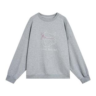 紫涵短款紫色圆领长袖卫衣女士秋季新款猫咪刺绣宽松显瘦套头上衣