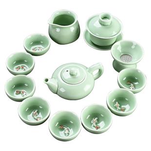 复古青瓷中国风青瓷功夫茶具套装盖碗茶壶鲤鱼杯办公家用简约礼品