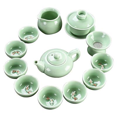 复古功夫茶具套装青瓷鲤鱼浮雕