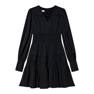 Goodland美地24春款黑色微褶设计a字裙法式v领连衣裙/短裙