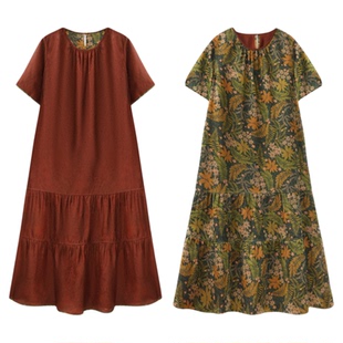 萧娘【翩若惊鸿】纱罗红云纱度假风桑蚕丝圆领短袖新中式长裙5495