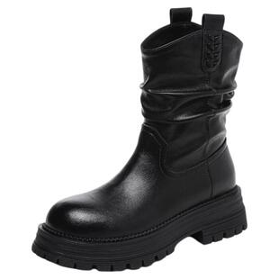星期六黑色褶皱堆堆靴女2025新款秋冬厚底骑士靴粗跟加绒西部短靴