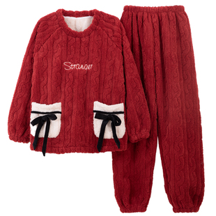 睡衣女红色本命年珊瑚绒2025新款秋冬季加绒加厚法兰绒家居服