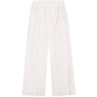 今屿花花 白色裤子2025年新款刺绣镂空蕾丝花边休闲裤松紧腰棉麻
