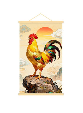 新款大公鸡镇宅挂画吉祥金鸡报喜装饰画鸿运当头桃树桃枝雄鸡奇石