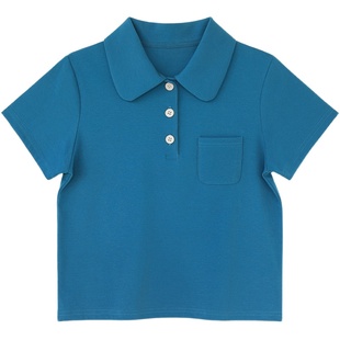 花吉B440克莱因蓝复古水洗polo翻领T恤女2025新款夏宽松学生上衣