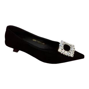 方砖尖头细跟单鞋女2025春季新品韩版绒面套脚浅口百搭舒适时尚