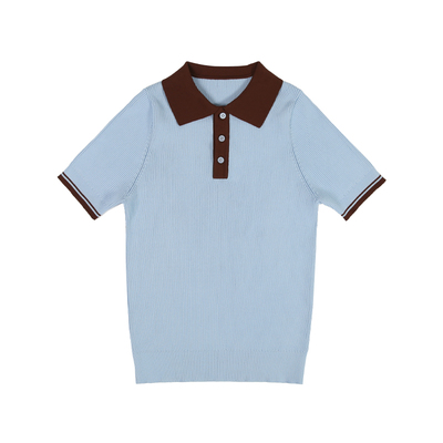 蓝色针织polo衫美式miu感