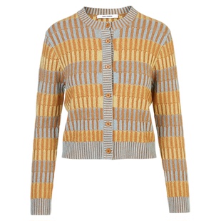 【刘浩存同款】朗姿100绵羊毛条纹撞色针织开衫毛衣2025冬季新款