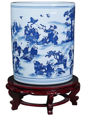 景德镇青花瓷百子闹春书画缸