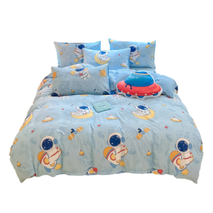 纯棉男孩床品四件套全棉太空宇航员卡通床单被套儿童床上三件套夏