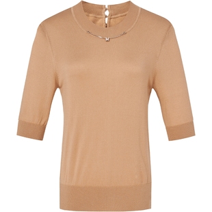 曼德诗女装夏季短袖蚕丝混纺针织圆领套头衫薄款透气半袖修身上衣