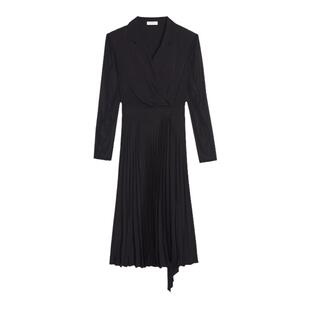 SANDRO秋冬女装法式时尚优雅气质黑色V领收腰百褶长款长袖连衣裙