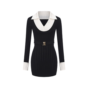 【徐如蓝同款】NanaJacqueline冬新款缎面拼针织假两件针织连衣裙