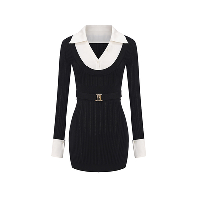 【徐如蓝同款】NanaJacqueline冬新款缎面拼针织假两件针织连衣裙