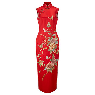 海派手工定制量体重磅真丝牡丹刺绣新娘婚礼改良礼服长旗袍