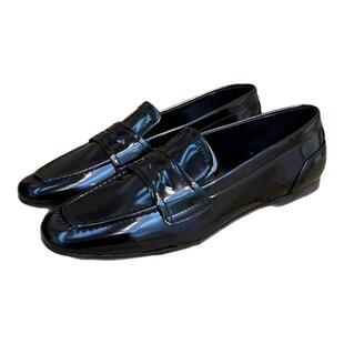 ZA家原单尾货夏季新款黑色乐福鞋小众口袋盖漆皮浅口圆头低跟鞋女