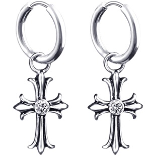 闪钻皓石十字架耳环男潮酷蹦迪嘻哈小众朋克无耳洞不掉色钛钢耳夹