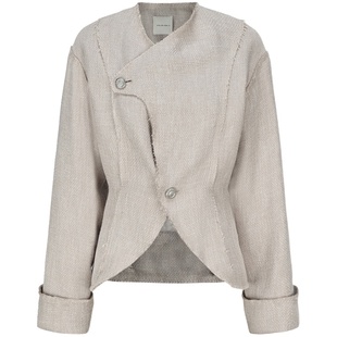 AtelierMissLu【落日浪沙】2024春夏毛边设计交叠领收腰廓形外套