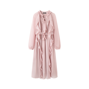 拉夏贝尔/La Chapelle甜美风荷叶边系带雪纺连衣裙度假风时尚长裙