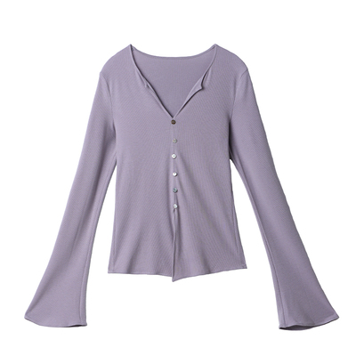 LIMONN浅紫V领贝壳扣喇叭袖修身上衣女温柔风长袖内搭2026春女装