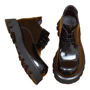 2025新款男士真皮厚底德比鞋黑色漆皮系带高帮鞋时尚百搭增高男靴