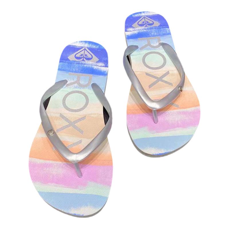 现货ROXY2025夏季新款平跟条纹凉拖鞋女士简约时尚百搭沙滩人字拖