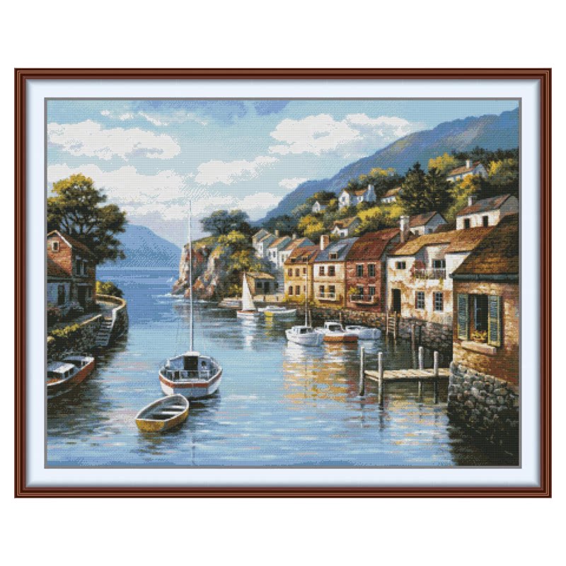 海边小镇十字绣油画风景海湾高ct