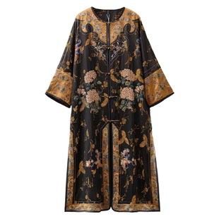 千椿物喜新中式国风重工刺绣气质圆领对襟落肩宽松长风衣外套女