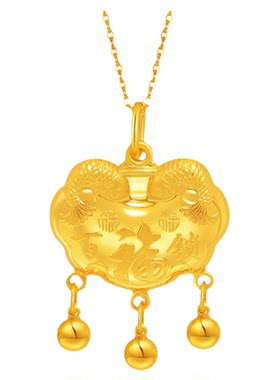 老庙黄金足金999福运锦鲤百福锁包流苏金珠吊坠年年有余特价款