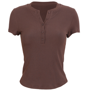 movingtime亨利衫短袖运动上衣女普拉提瑜伽服健身T恤紧身显瘦秋