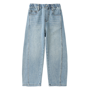 女童加绒裤子冬季加厚弯刀新款超好看洋气烫钻儿童一体绒牛仔裤