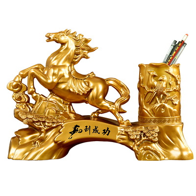 鎏金铜马到成功笔筒摆件