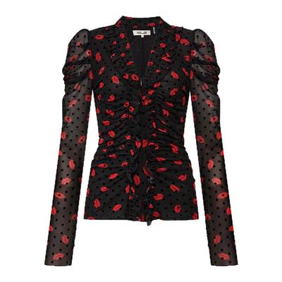 [重工植绒网纱]DVF2026早春新款锁爱红唇弹力网纱长袖上衣BL4T007