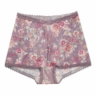 爱比娜胖mm网纱印花中高腰平角全棉裆无痕舒适内裤女文胸套装背心