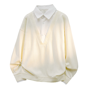 班尼路SK美式假两件长袖卫衣男士秋季新款高级感翻领复古上衣服YS