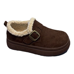 冬日森系~绒面厚底加绒勃肯鞋女2025冬款简约百搭皮带扣松糕棉鞋