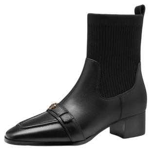 星期六2025新款英伦风方头粗跟弹力瘦瘦靴加绒保暖金属扣短靴女