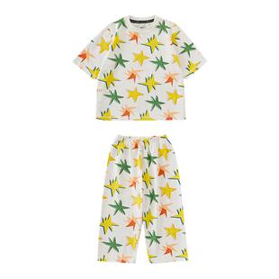 RYSONMOON夏季短袖九分裤男女童彩色星星防蚊吸湿排汗家居服套装
