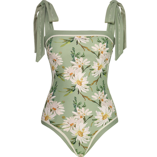 visual mood泳衣女遮肚显瘦新款高端复古双面印花连体泡温泉泳装