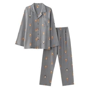 卡通企鹅小熊睡衣男士春秋夏季纯棉纱布薄款长袖长裤家居服套装