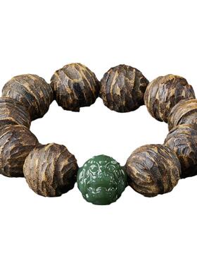 沉香木手串男大颗和田玉貔貅手链