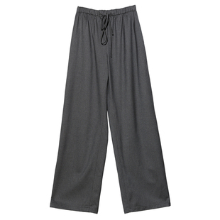 Carolingian低奢極简!精纺羊毛天丝绒感ROW风松紧抽褶直筒阔腿裤