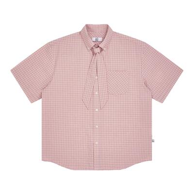 EMPTY REFERENCE樱花粉落肩翻领可拆卸领巾宽松肌理格纹短袖衬衫