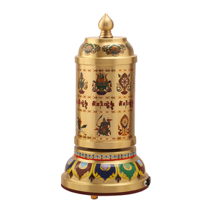 曼茶罗纯铜电动转轮经简八吉祥彩绘藏式转金筒办公家用摆件转轮桶